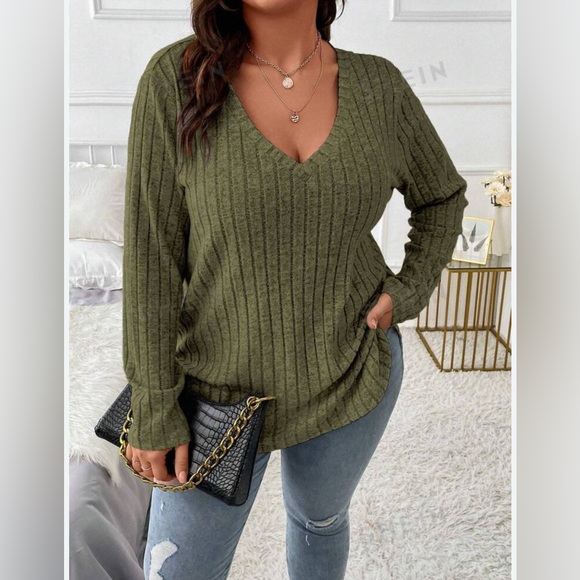 SHEIN Women’s Size XL Olive Green Rib Knit Long Sleeve V-Neck Top Casual Soft - Picture 1 of 13